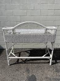 Vintage White Wicker Desk Writing Vanity Makeup Table Bedroom Storage Beachy Shabby Chic Chinoiserie Bohemian Eclectic CUSTOM PAINT Avail