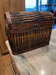 WOOD and RATTAN WOVEN STORAGE CHEST w/HINGED ...