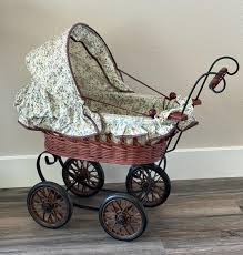 Vintage Wicker Doll Stroller: Large Floral Fabric Top Buggy ...