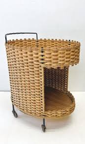 Vintage Wicker Rattan Bar Cart Serving Trolley, 1960s for sale at Pamono