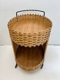Vintage Wicker Rattan Bar Cart Serving Trolley, 1960s for sale at Pamono