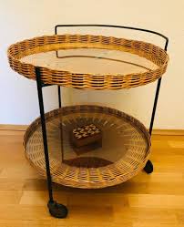 Mid Century Bar Cart, String Look With Two Shelves Made of Rattan / Wickerwork and Glass Tops - Etsy UK