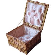 1910s Sewing Basket Pale Pink Tufted Lining Antique Germany Wood Straw. For Sale at Ruby Lane