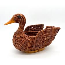 Vintage Boho Chic Wicker Duck Bird Basket | Chairish