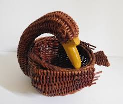 Vintage Goose Swan Duck Curved Neck Brown Wicker Rattan Trinket Floral Basket | eBay