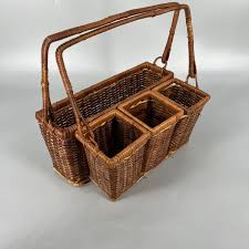 Vtg Wicker Basket Compartment Caddy Picnic Table Utensil ...