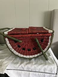 Wicker Watermelon Picnic Basket Vintage 2 Handles Red Hinged ...