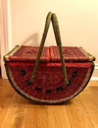 Vintage Watermelon Wicker Picnic Basket | Chairish