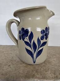 Salt Glaze Williamsburg Pottery Pitcher, Cobalt Blue Floral Design, Stamped | eBay
