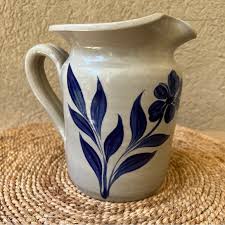 Dining | New Williamsburg Pottery Salt Glazed Cobalt Blue Leaf Floral Pitcher Jug 6 Tall | Poshmark