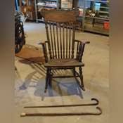 Crocker Chair Co Sheboygan Wisconsin Antique Rocking Chair With Tooled Leather Seat, 37.5" x 25" x 34", Needs Repair, And 2 Wood Canes - Mayo Auction & Realty