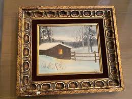 Vintage BEAUTIFUL Ornate Frame LANDSCAPE Farm Log House OIL ...