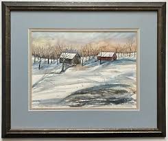 Vintage Folk Art Winter Landscape Snow Trees Barns Watercolor Painting Signed | eBay