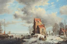 Bonhams : A. de Groote (Dutch, 1892-1947) Winter landscape with figures skating on icy river