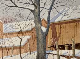 Watercolor Painting of New England Barn in Winter | Chairish