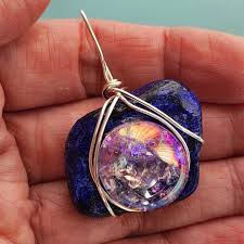 Glowing glass gems on dainty stone pendants, silver, gold or ...