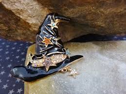 Vintage Black Enamel Witch Hat Brooch: Rhinestone Star ...