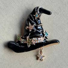 2.25 Inch Starry Witch Hat Brooch Pin Rhinestone Black ...