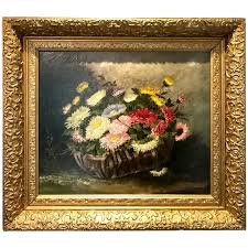 Basket of flowers oil painting by A. Gondois. For Sale at ...