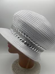 White Church Cloche Hat: Rhinestone Silver Trim, Bow Accent ...