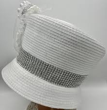 White Church Hat: Silver Trim, Rhinestone Brooch, Ruffle ...