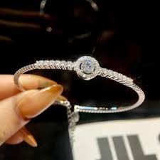 925 Sterling Silver Lab Diamond Halo Charm Bangle Bracelet