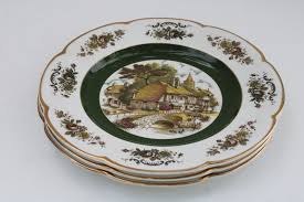 English thatched cottages ironstone dinner plates each different, vintage Wood Sons Ascot service plates