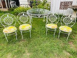 Vintage Wrought Iron Outdoor Patio Dinette Table w/4 Chairs Retro Yellow Cushion | eBay