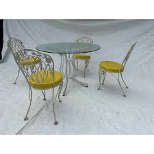 Vintage Woodard Wrought Iron Outdoor Glass Top Table and 4 Chairs Dining Set | Chairish