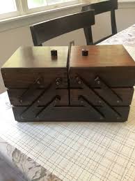 VINTAGE WOODEN HAND MADE ACCORDIAN STYLE 3 TIER SEWING BOX w ...