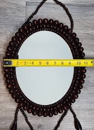 Vintage Mirror Wall Hanging Oval Brown Wooden Beaded Tassels ...