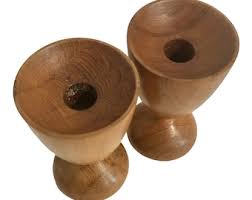 Vintage Wood Goblet Taper Candle Holders W/ Christmas ...