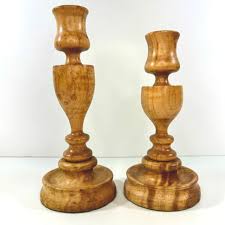 2 MCM Mid Century Modern Style Turned Wood Candlesticks ...