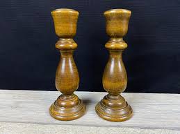 Vintage Turned Wood Candlestick Holders Brass Brass Cup ...