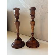 Vintage English Oak Turned Candlesticks | Chairish