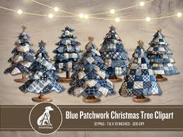 Blue Patchwork Christmas Tree Clipart: Shabby Chic Holiday (PNG Digital Download) - Etsy