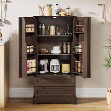 Asofer 47" Kitchen Pantry Storage Cabinet, Wood Buffet Cabinet with 2 Doors, 8 Shelves & 2 Drawers, Dark Brown - Walmart.com