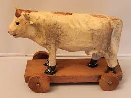 Old Wood Carved Platform On Wheels Farm Cow For ...