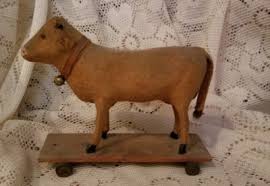 Antique German stick leg cow felt & wood pull toy with bell ...