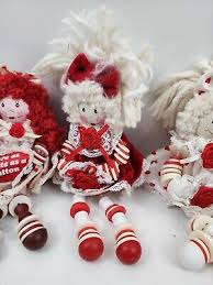 Lot Of 4 Cute 90s Vintage Wooden Sitting Doll Yarn Hair White Red Button Heart | eBay