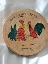 Vintage Roosters Chickens Round Wooden Hamburger Press Hand ...