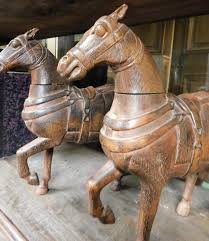 Ancient Pair of Carved Wooden Sculptures of Horses, 19th Century For Sale at 1stDibs | ancient horses