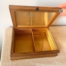 Vintage engraved wood jewelry box with mirror inside and floral picture covered with glass on top 7 1/2W x 10L x 3H