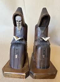 Antique Carved Wooden Monks Priests Reading Bible Book Ends ...