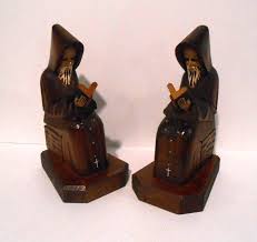 Hand Carved Wooden Monk Bookends Reading Bible - Vintage | eBay
