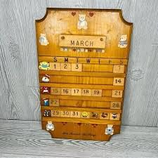 Vintage Wood Hand Made Perpetual Wall Calendar w/ bears ...