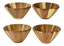 Modern Wood Carved Large Acacia Wooden Salad Snack Fruit Serving Bowl - Set of 4 | Chairish