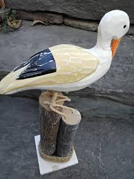 Wood Carved Seagull Perched on Pier Posts, 14" Tall, Folk ...
