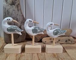 Hand-carved Wooden Seabird Sculptures (set of 3) - Coastal ...