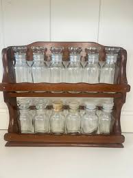 Vintage Wooden Spice Rack With 12 Glass Bottles ...